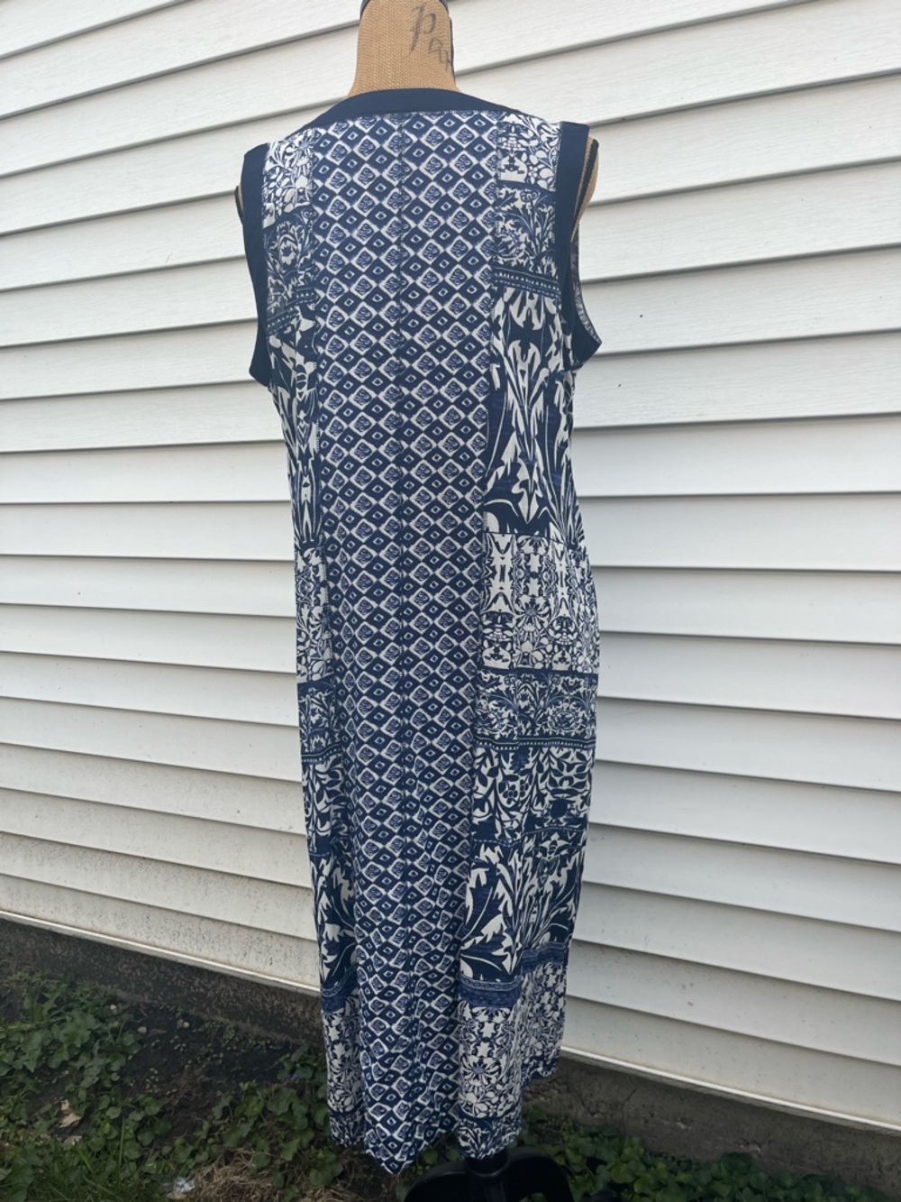 Vermont Country Store Midi Shift Dress Boho Button Front Blue White Size Large - Picture 9 of 12